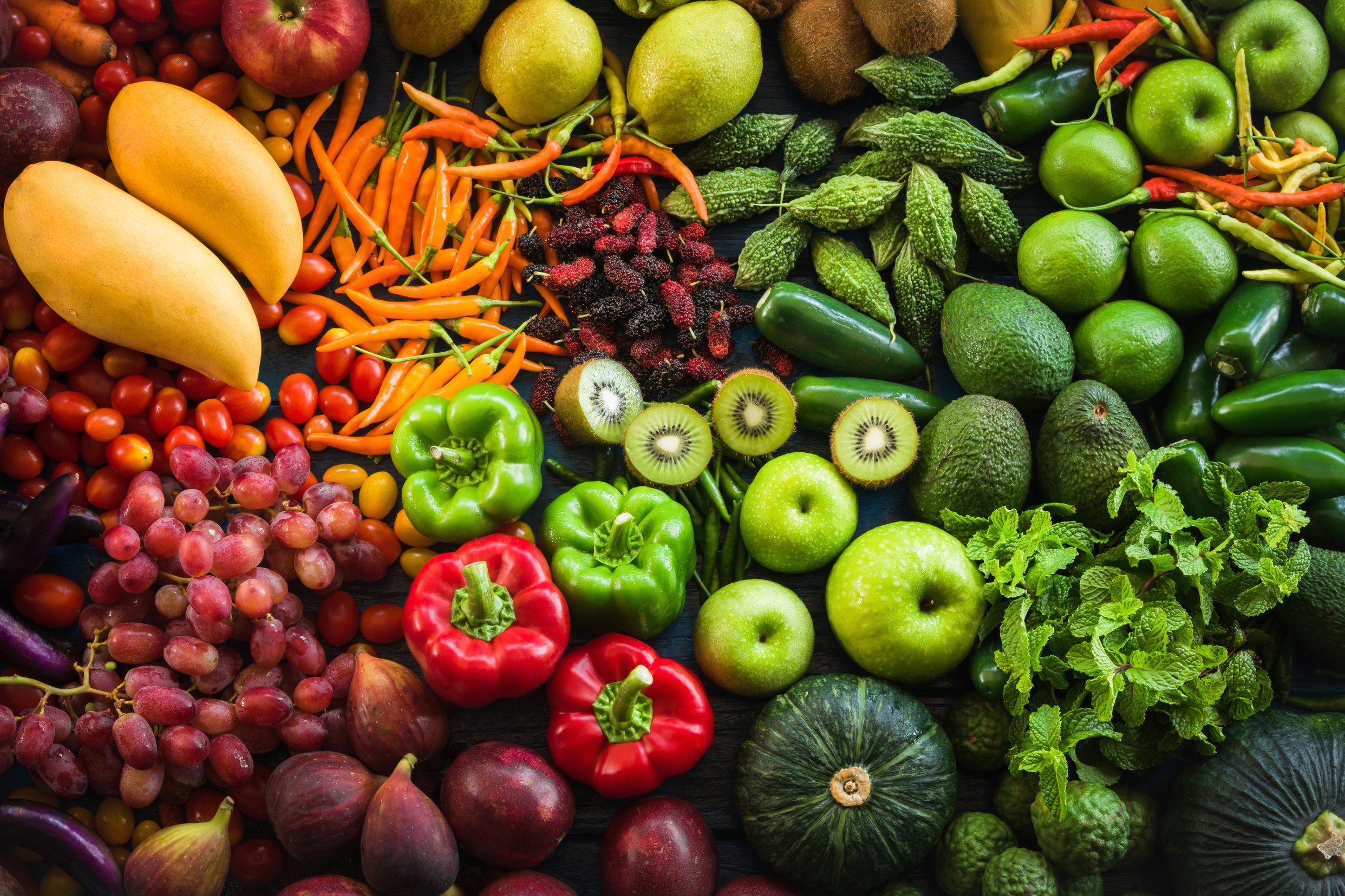 Flat lay of fresh  fruits and vegetables organic, Different fruits and vegetables for eating healthy, Colorful fruits and vegetables for healthy lifestyle